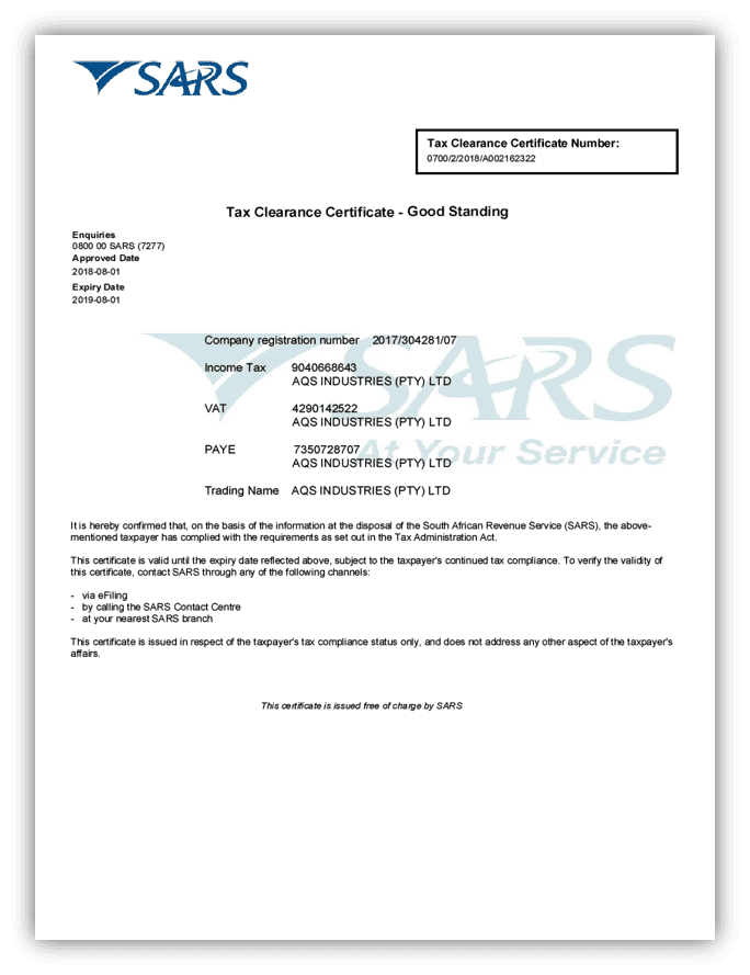 SARS - Tax Clearance Certificate